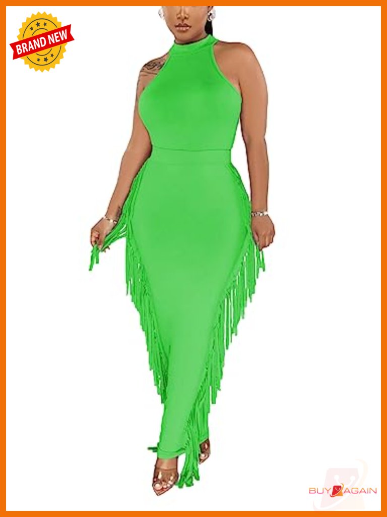 Sexy Crop Top Ruched Bodycon Maxi Dress Fringe Skirt Set 2pc Clubwear